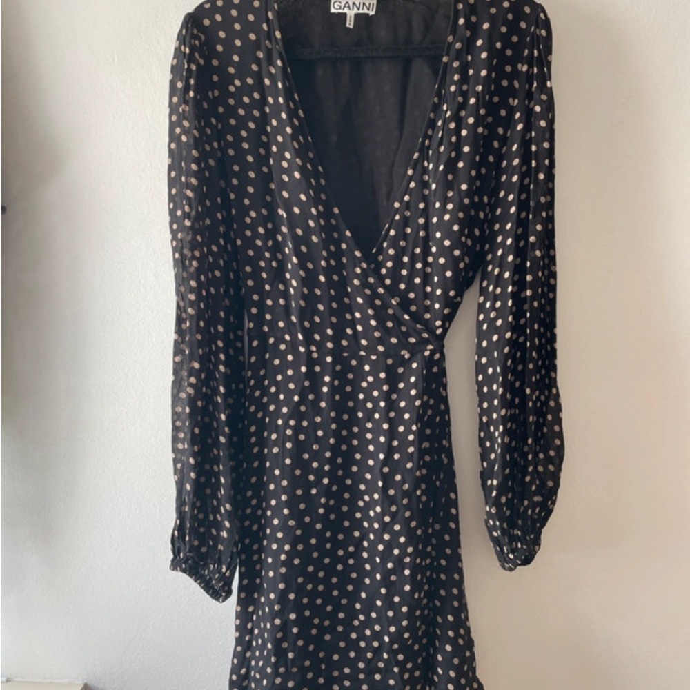 GANNI Black Polka Dot Wrap Dress